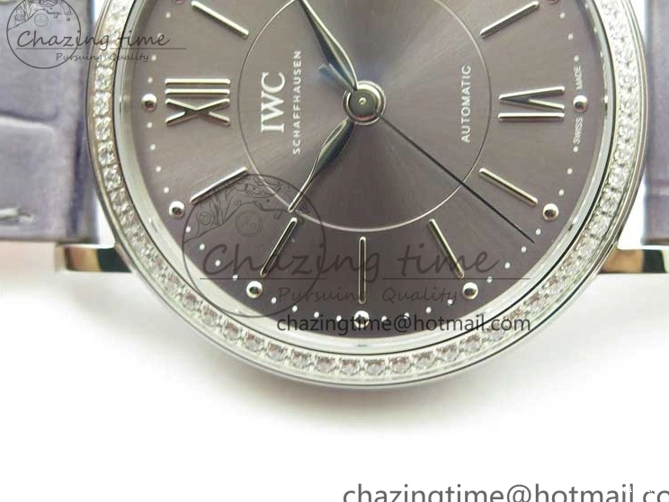 MIROTIME 0510 Attractive Portofino 37mm SS V7F 1:1 Best Edition Gray Dial Diamonds Bezel on Gray Leather Strap A 7091